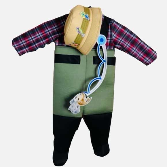 RUBIE’S Fisherman Halloween Costume 3-Pieces Jumpsuit Hat Fishing Rod Sz 3T-4T - Picture 2 of 8